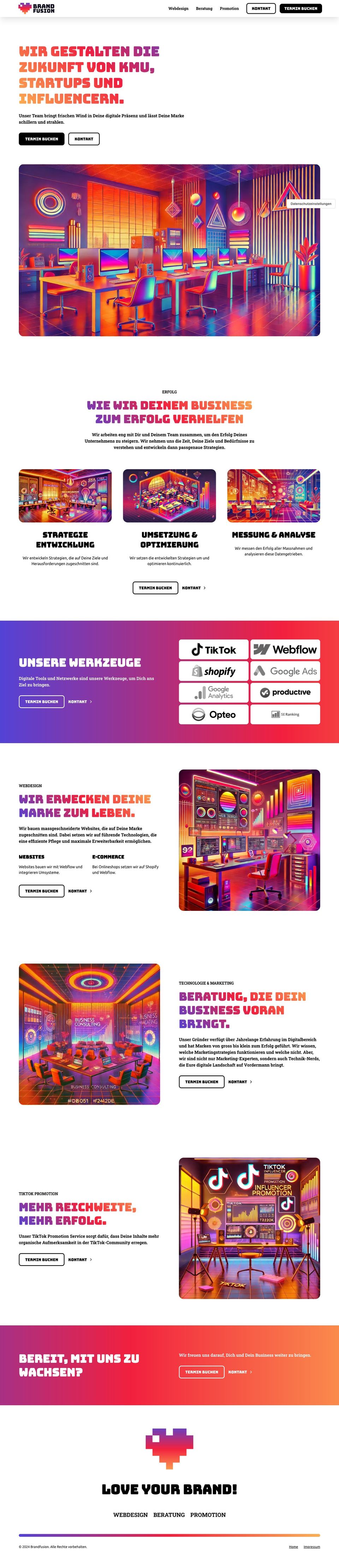 Komplette Website-Ansicht von brandfusion.ch (Webflow-Version)