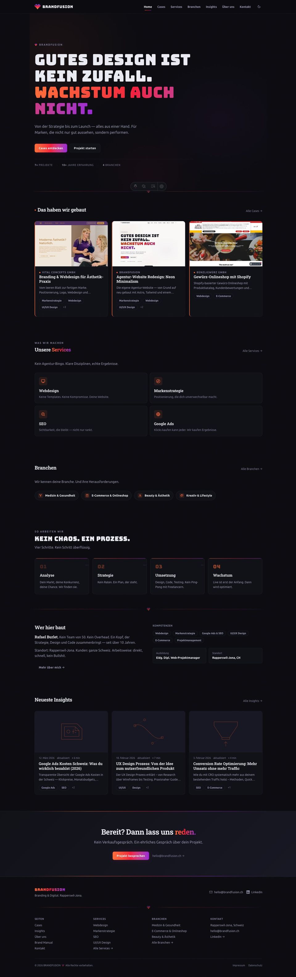 Komplette Website-Ansicht von brandfusion.ch — Neon Minimalism