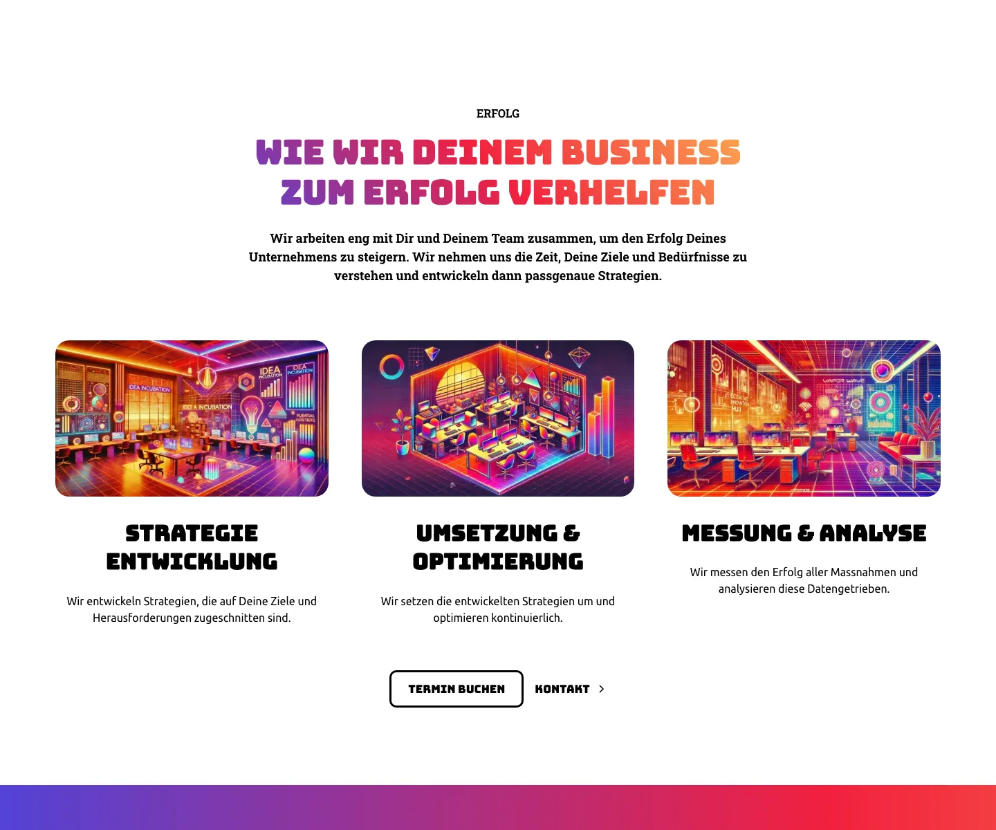 Erfolg-Section mit drei Service-Säulen und Neon-Illustrationen