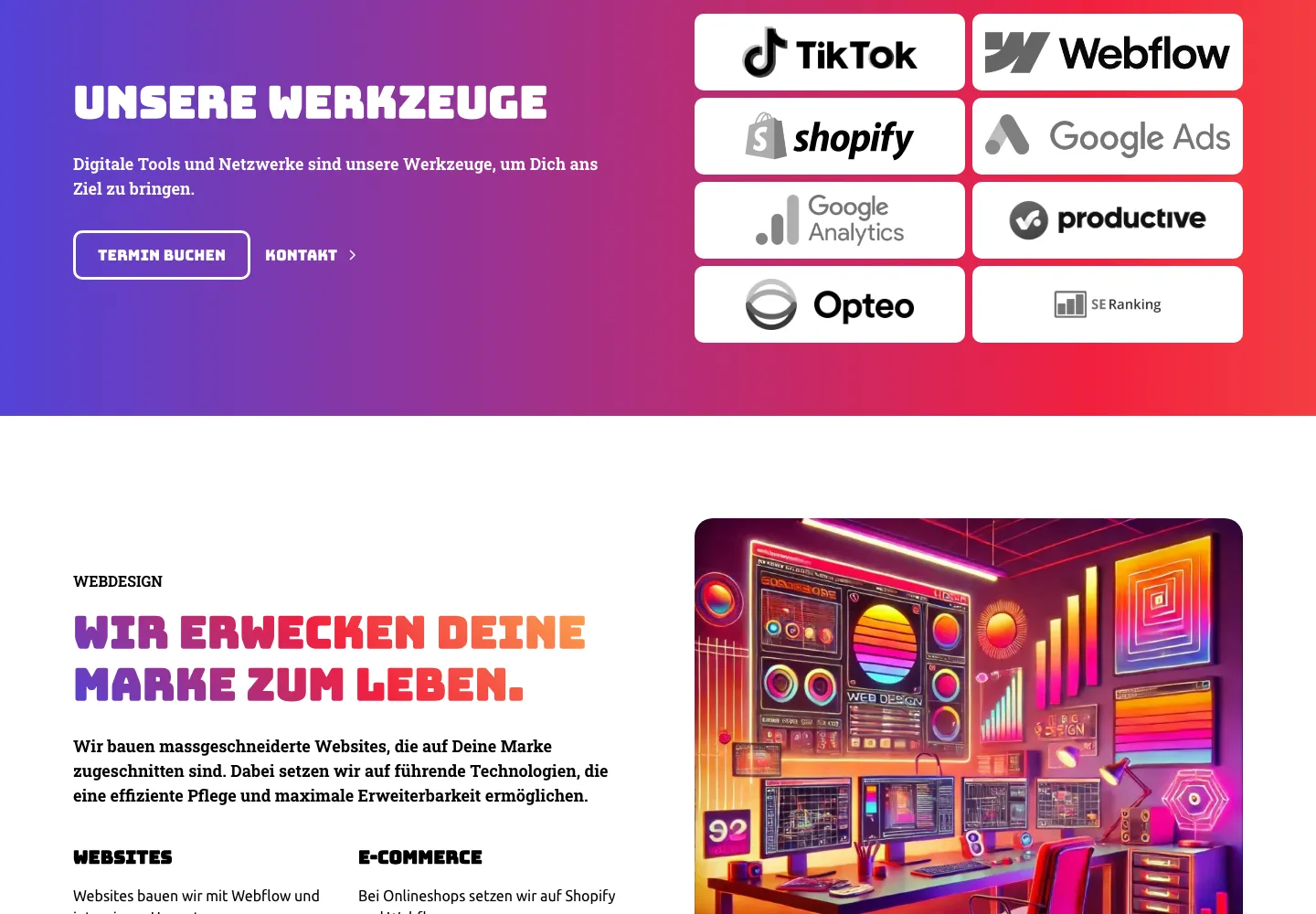 Werkzeuge-Section mit Gradient-Hintergrund und Tool-Logos